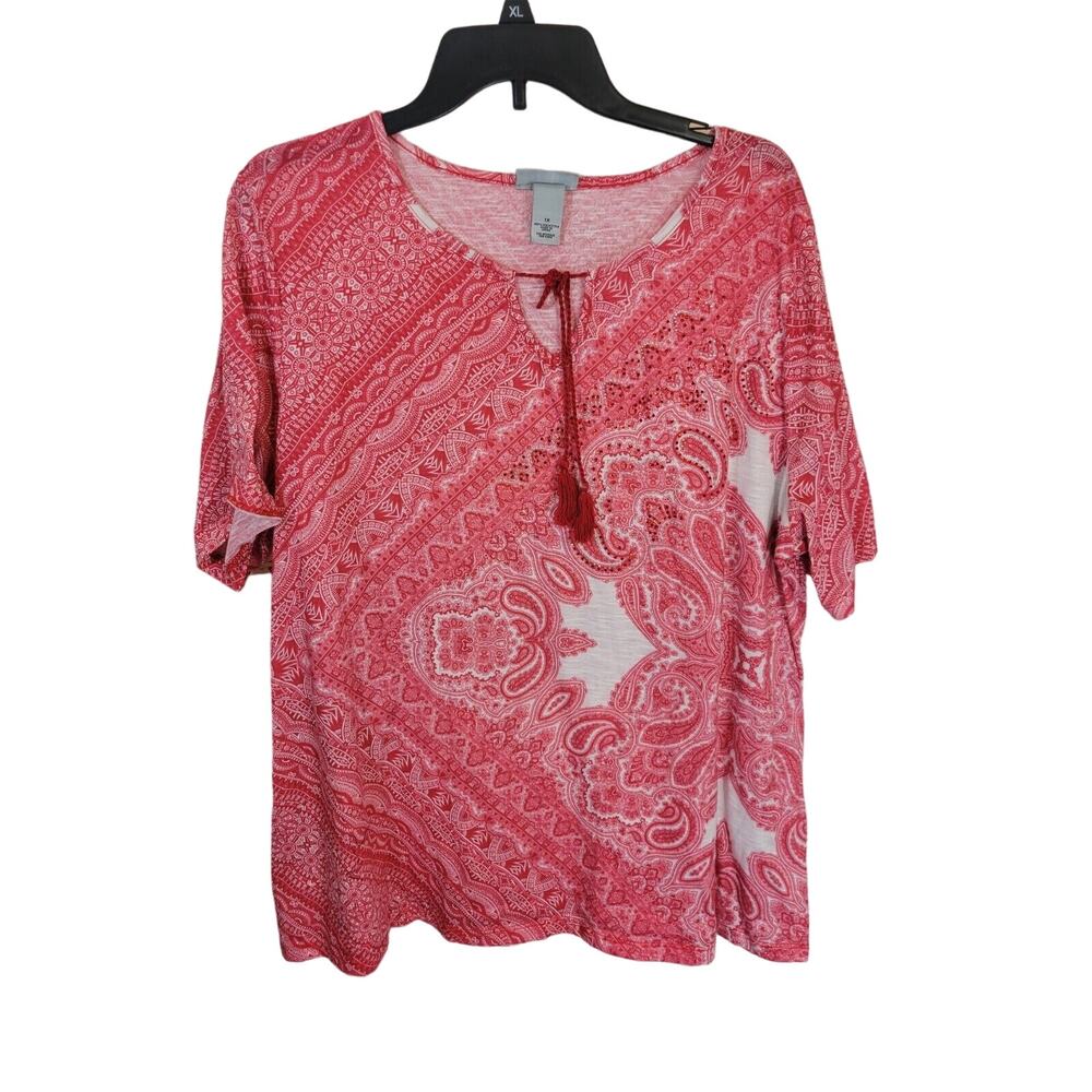Catherines Red White Paisley Rhinestone Short Sleeve Top Women's Plus Size 1X‎